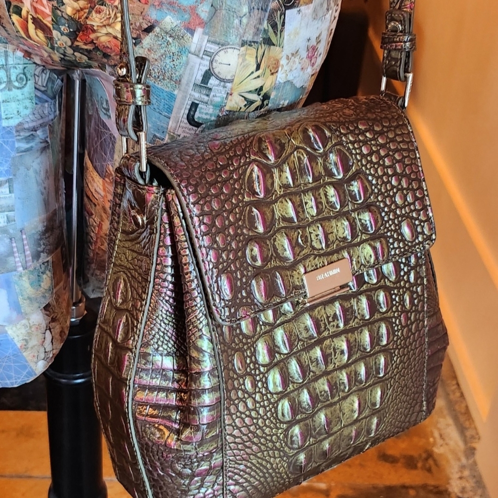 Brahmin Margo Crossbody Pesto Metallic Leather Bag AND Slim Wallet